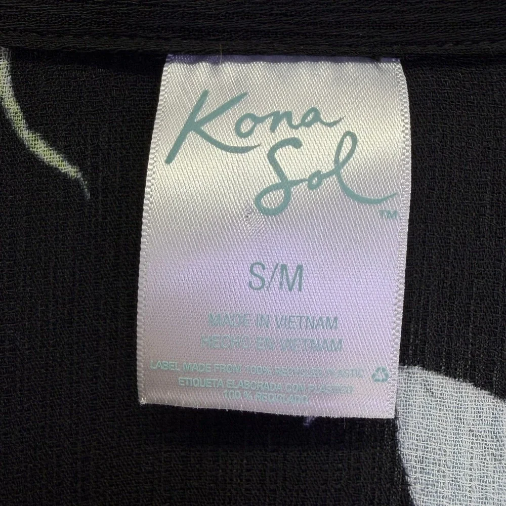Kona Sol Womens Kimono Cover Up S/M Black Tropical Floral Bird of Paradise Wrap